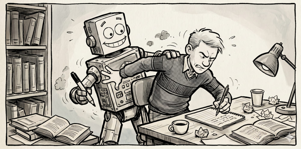 An AI-generated cartoon showing a person struggling to write while a robot behind them attempts to draw on their paper.