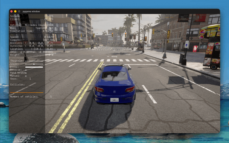 A GIF showing the CARLA client running against the CARLA server, both running on my M4 MacBook Pro
