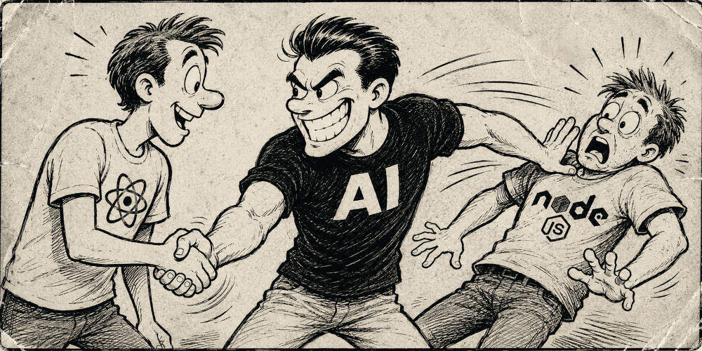 An AI-generated cartoon showing a person with an Anthropic t-shirt rudely pushing a person with a Node t-shirt out of the way in order to shake hands with a person wearing a React t-shirt.