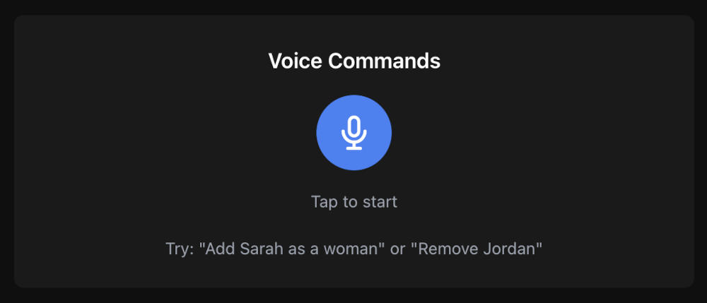 A screenshot of the voice commands section of the app